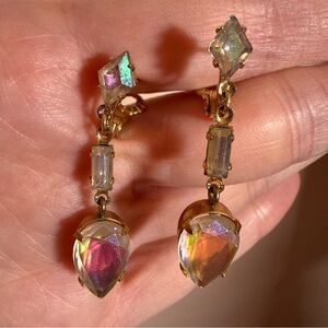 Lewis Segal Vintage aurora Borealis Pear shape Crystal Gold Dangle earrings